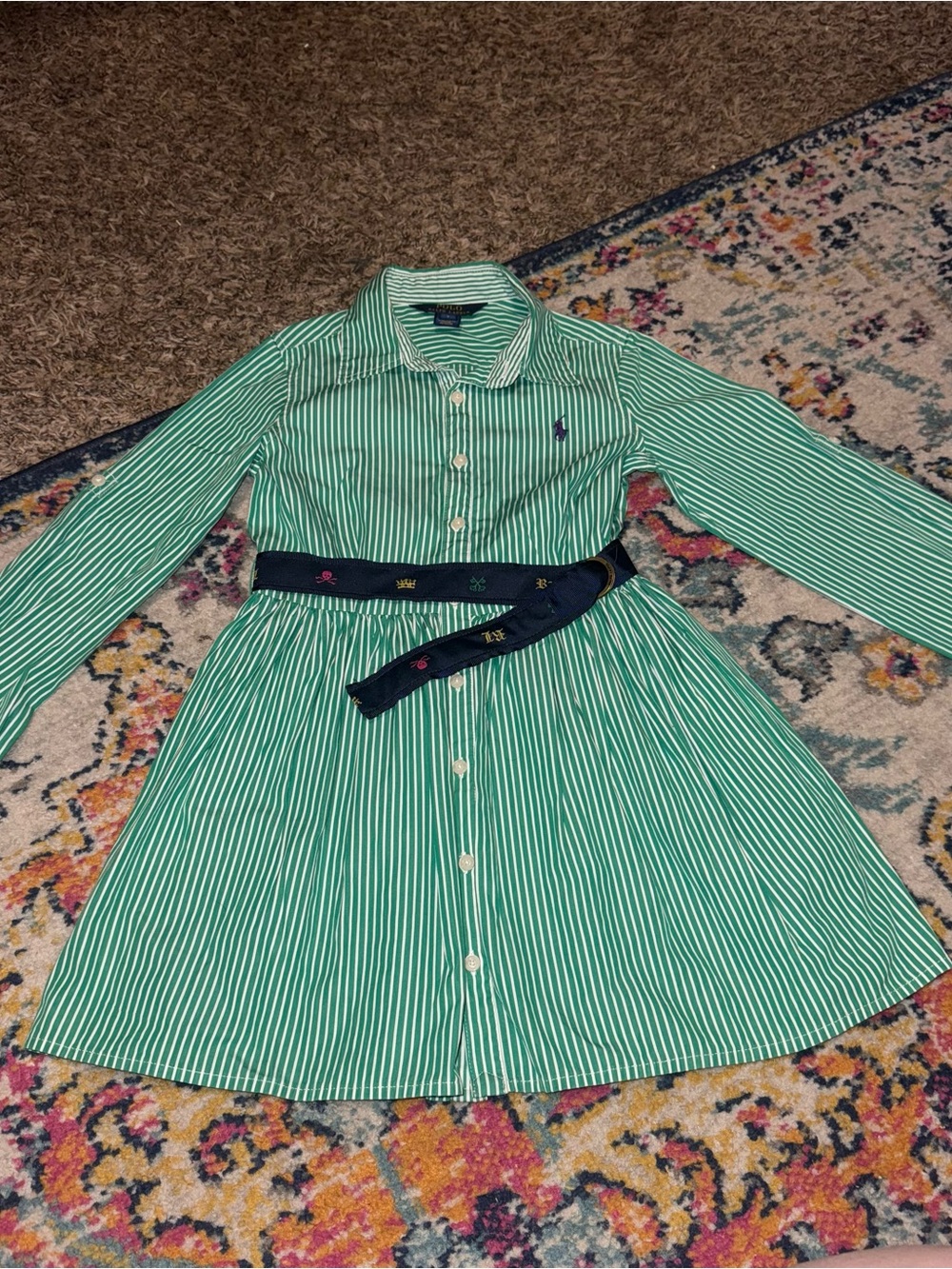 Girls Polo Ralph Lauren Kids Green and White Striped Deeess Size 7